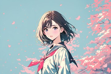 桜の花が舞い散る中振り向く女の子　AI生成画像