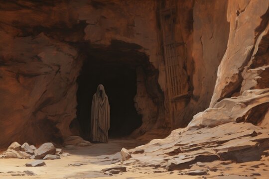 The elder or Old man in the caves of silent sentinel. Desert landscape.