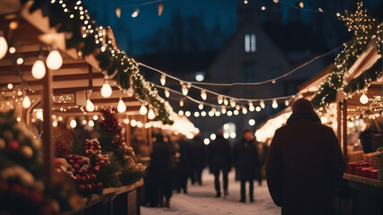 A man walks through the Christmas market, decorated with festive lights in the evening