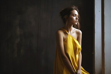 woman wearing a yellow dress looking depressed