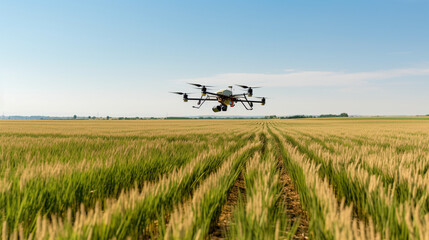 An AI-driven agriculture drone monitoring crop health in a vast field, demonstrating AI's contribution to precision farming