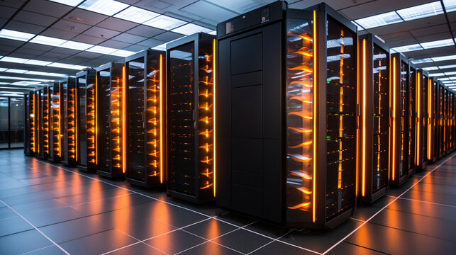 A supercomputer array with rows of servers processing complex AI algorithms, representing the computational power behind artificial intelligence