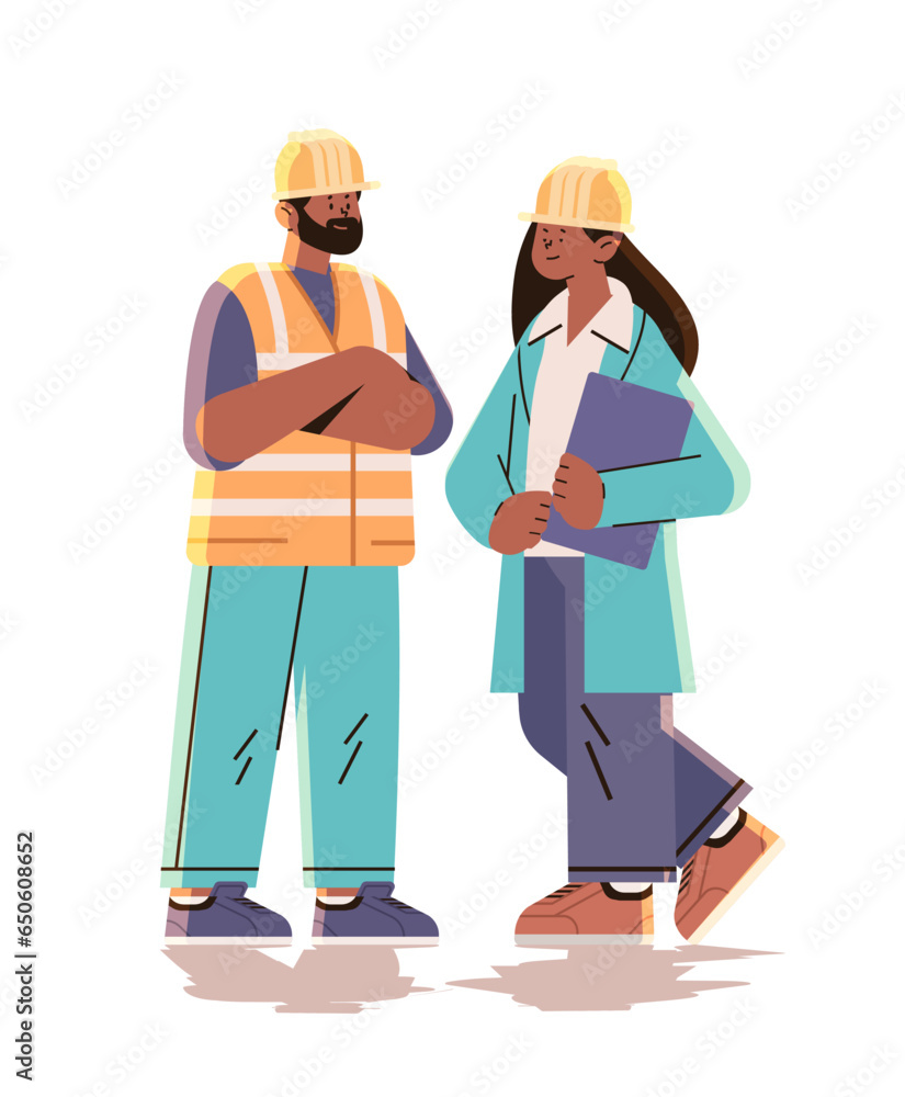 Poster architect and engineer in uniform discussing project during meeting construction of buildings concep