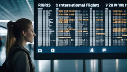A young woman at an international airport looks at the flight information board and checks her fligh