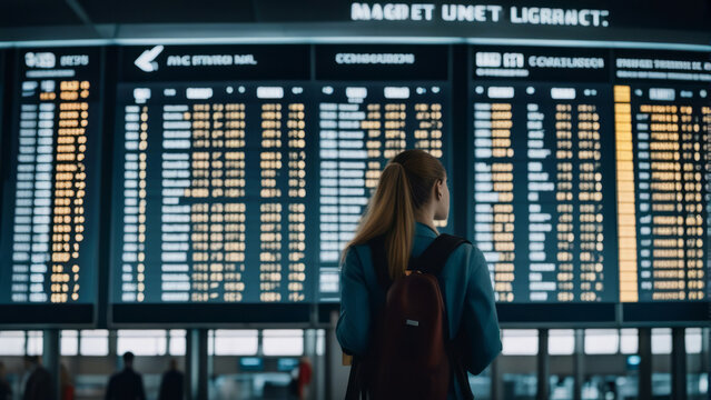 A young woman at an international airport looks at the flight information board and checks her fligh