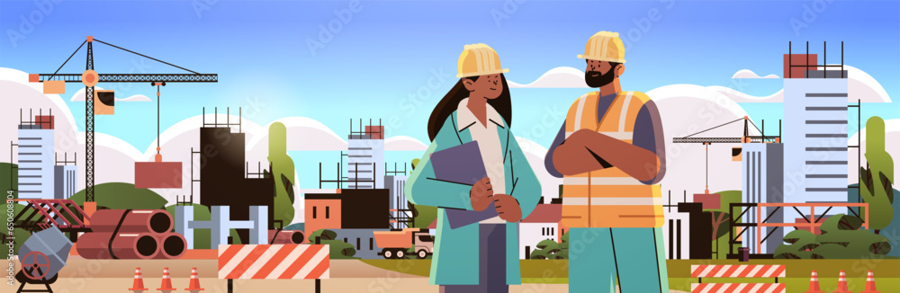 Poster architect and engineer in uniform discussing project during meeting construction of buildings concep