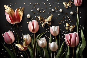 3d mural tulip flowers with golden butterfly and pearl in dark background modern background - obrazy, fototapety, plakaty