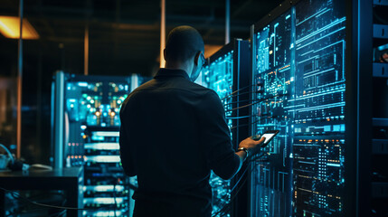 データセンターのネットワークとサイバーセキュリティ、サーバールームのコンピューターで働くエンジニア - obrazy, fototapety, plakaty