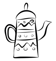 Hand drawn outline winter teapot  isolated on white background. Herbal tea black linear design. Vector illustration. Perfect for print, web, menu and infographics.