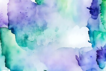 Purple and blue green watercolor wash background with fringe bleed and bloom blotches in grainy watercolor paint on paper texture, artsy creative background design