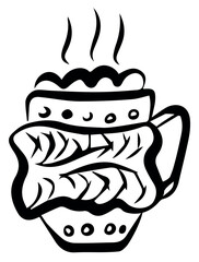 Winter coffee cup doodle in scarf isolated on white background. Hot drink. Cappuchino, latte. Merry Christmas. Vector sketch illustration. Perfect for print, web, menu, infographics.