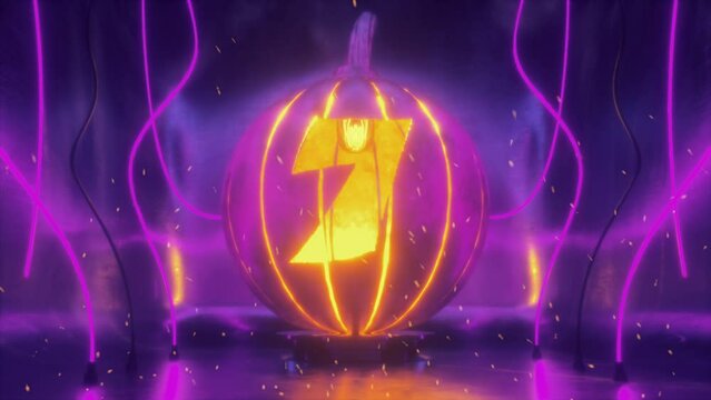 Number 7 Cut in Halloween Pumpkin Lamp of Hammered Metal In Neon light and Fire Sparkles. 4K Dark Futuristic Scene for Learnings Digits, Numbers and Count.