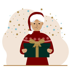 A old woman with a New Year's gift. Concept of preparing for Christmas, new year, receiving a gift, christmas sale or secret santa claus.