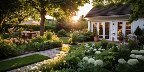 AI Generated. AI Generative. Nature outdoor exterior house garden with cozy table with many plants flowers. Graphic Art