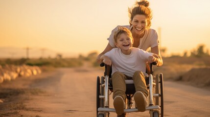 A beautiful little boy with a disability walks in a wheelchair with his mom at sunset. A child with disabilities - obrazy, fototapety, plakaty