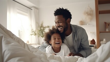 Happy afro american family father and cute little son relaxing at home in bed- generative AI, fiction Person - obrazy, fototapety, plakaty