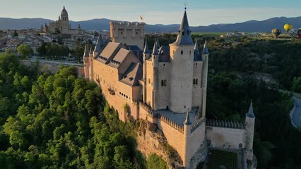 Cathedral and Alcazar of Segovia in morning lights, Spain. Aerial shot. Flying over Alcazar of Segovia medieval castle