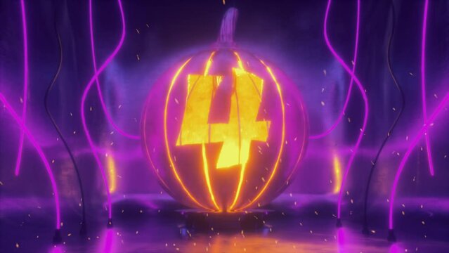 Digit 4 Cut in Halloween Pumpkin Lamp of Hammered Metal In Neon Light and Fire Sparkles. 4K Dark Futuristic Scene for Learnings Digits, Numbers and Count.