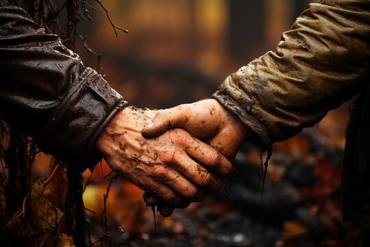 Men shake hands in the forest. Forestry, deforestation deal