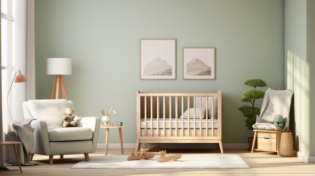 An interior render of a nursery, featuring a stylish scandinavian newborn baby room with toys, plush animals, and child accessories