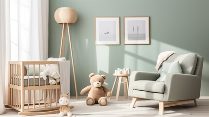 An interior render of a nursery, featuring a stylish scandinavian newborn baby room with toys, plush animals, and child accessories - obrazy, fototapety, plakaty