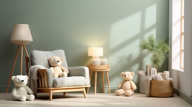 Fototapeta An interior render of a nursery, featuring a stylish scandinavian newborn baby room with toys, plush animals, and child accessories