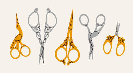 Set of various gold and silver Scissors. Elegant, fancy, vintage, retro style. Hand drawn Vector illustration. Isolated design elements. Cutting hair, scissoring, shear concept