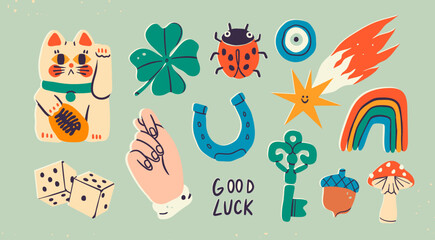 Maneki Neko, horseshoe, clover, acorn, evil eye, star, dice, fig, key, mushroom, rainbow. Talisman, amulet, good luck symbol, fortune, success, prosperity concept. Hand drawn Vector isolated elements - 650611490
