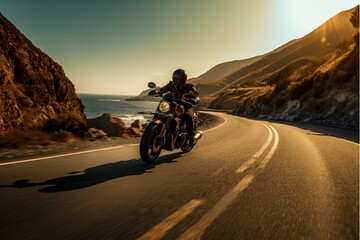 A motorcycle driving on a beautiful road