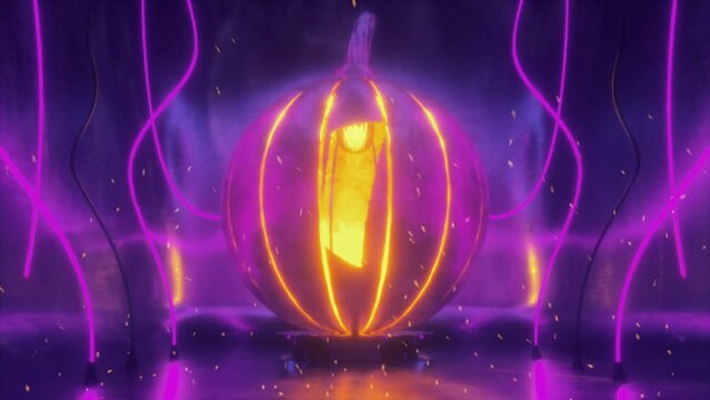 Number 1 Cut in Halloween Pumpkin Lamp of Hammered Metal In Neon light and Fire Sparkles. 4K Dark Futuristic Scene for Learnings Digits, Numbers and Count.