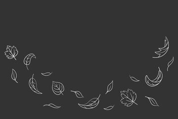 Leaves fall set in doodle style, vector illustration. Wave cold air during windy weather. Maple leaf outline for print and design. Isolated elements on chalk board background. Autumn symbol nature