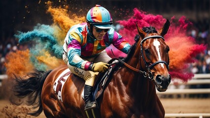 Colorfull Racing horse with jockey. Equestrian sport. Illustration of ink paints. Generative AI.