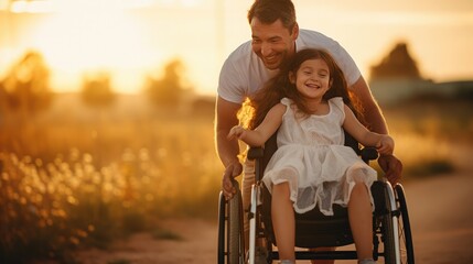 A beautiful little girl with a disability walks in a wheelchair with her dad at sunset. A child with disabilities