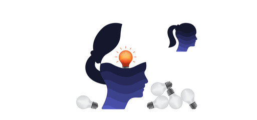 Blue open mind businesswoman character with lightbulbs. Abstract 3d idea concept vector illustration to use in business idea, logical thinking, open mind and inspiration concept projects. 