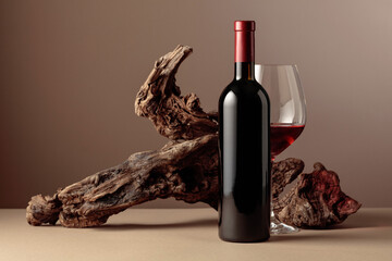 Bottle and glass of red wine with old weathered snag on a beige background. - obrazy, fototapety, plakaty