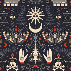 Gothic Whimsical Pattern with Alchemy and Occult Symbols