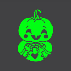 Baby Jack-O-Lantern Pumpkin Head with candy illustration for Halloween green on black background
