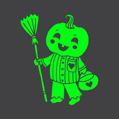 Jack-O-Lantern Pumpkin Head with broom. illustration for Halloween green on black background