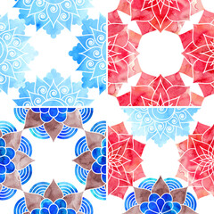 Frames for the cover decorated with blue and red watercolor pattern mandala - 650613427