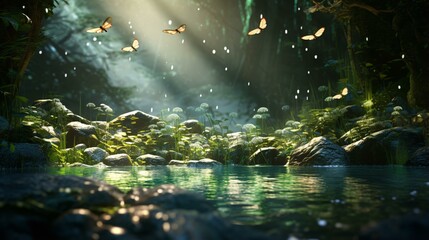 A peaceful stream with butterflies gracefully fluttering above - obrazy, fototapety, plakaty