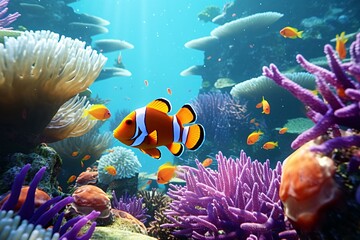 Fototapeta na wymiar Clown fish swimming among vibrant coral reef in the underwater world