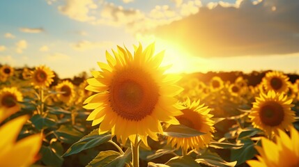 A beautiful sunflower field at sunset