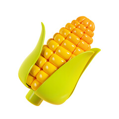Ripe corn cob with green leaves and yellow seeds 3d render illustration.
