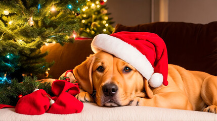 Dog with Santa hat on the couch