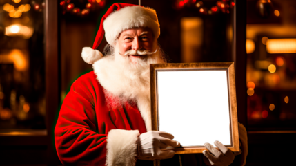 Santa Claus holding up a sign with transparent background for easy customization. Concept of Christmas lists and shopping. Shallow field of view.