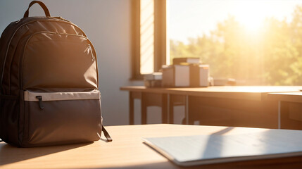 Backpack on a desk with window in the background, evening light