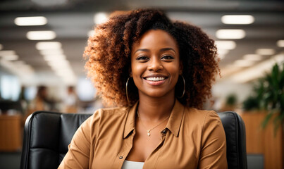 happy African-American woman sitting in her chair smiling in the office