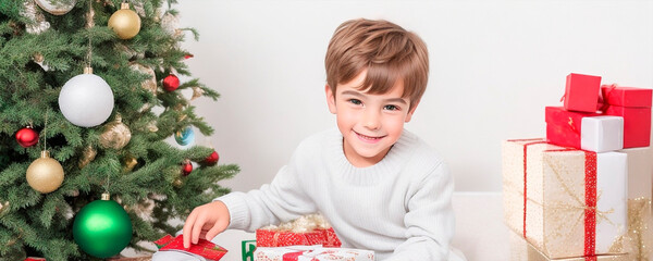 Smiling boy opening Christmas gifts next to the tree
