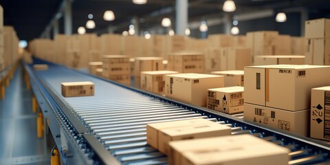 AI Generated. AI Generative. Factory shipping cargo delivery factory conveyor  belt with many cartoon box moving. Graphic Art