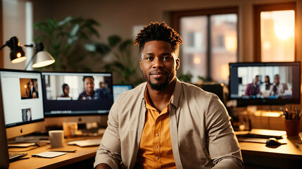 African American guy working from home sitting at office table - obrazy, fototapety, plakaty